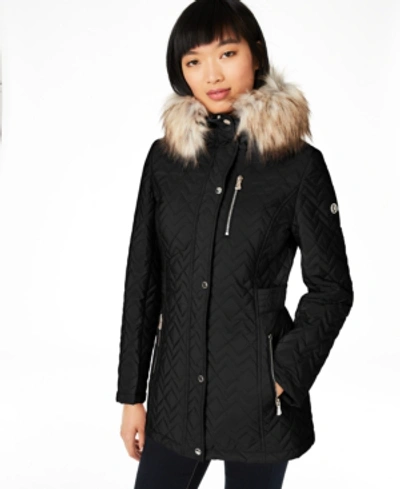 Calvin Klein Faux-fur Trim Hooded Quilted Coat In Black