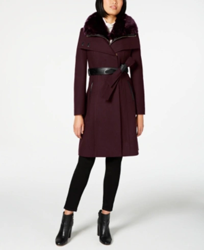 French Connection Faux-fur-collar Belted Coat With Faux-leather Trim In Wine