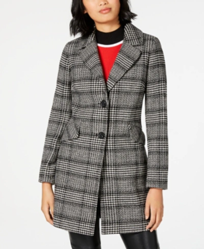 French Connection Single-breasted Plaid Coat In Black/white Plaid