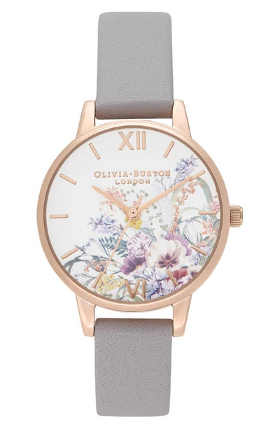 Olivia Burton Women's Enchanted Garden Gray Lilac Leather Strap Watch 30mm In White