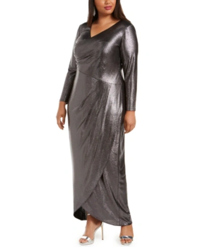 Adrianna Papell Plus Size Foiled Jersey Wrap Dress In Black Gunmetal