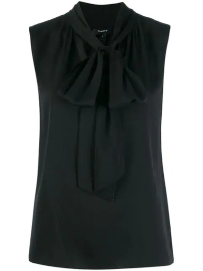 Theory Scarf Tie Sleeveless Stretch Silk Blouse In Black