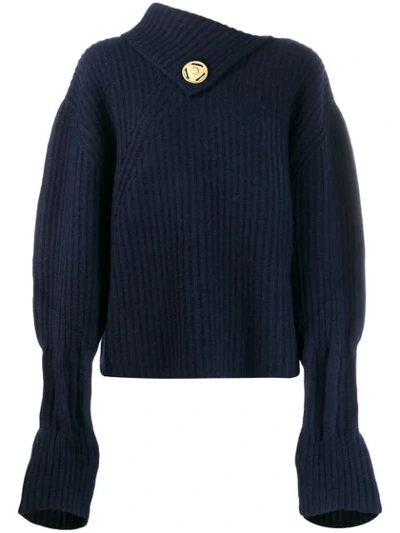 Jw Anderson Draped-neckline Ribbed Wool-blend Sweater In Blue