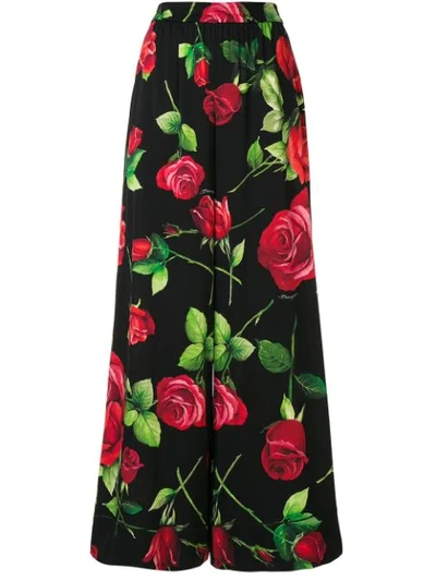Dolce & Gabbana Wide Leg Rose Print Trousers In Black