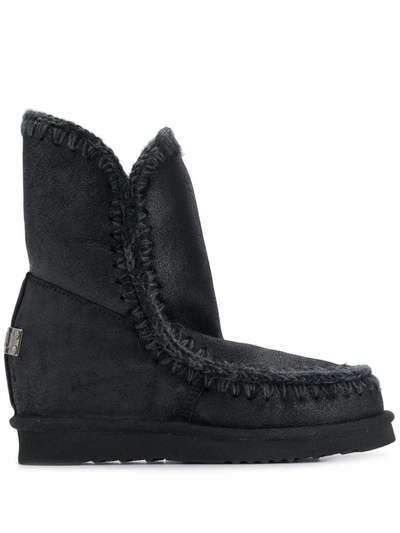 Mou Crochet Stitch-trim Wedge Boots In Black