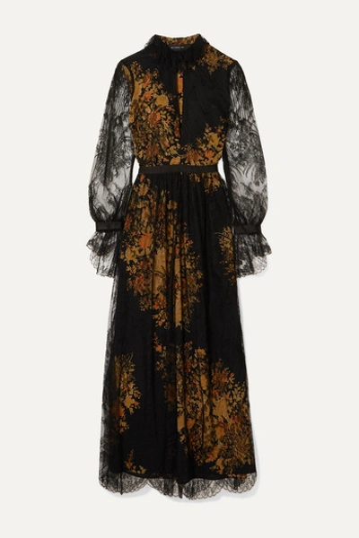 Etro Nottingham Lace And Floral-print Crepe Gown In Black