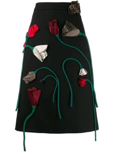 Prada Natté Floral-appliqué Gabardine Skirt In Black