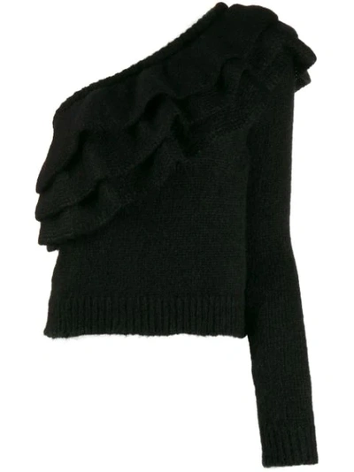 Philosophy Di Lorenzo Serafini One-shoulder Tiered Ruffled Knitted Sweater In Black