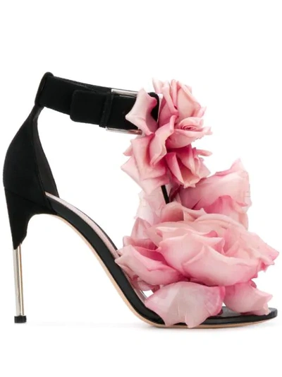 Alexander Mcqueen Floral Embellished Sandals In Black ,pink