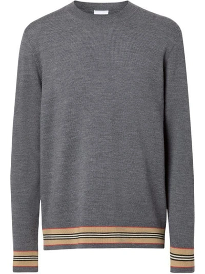 Burberry Icon Stripe Detail Merino Wool Sweater In Grey