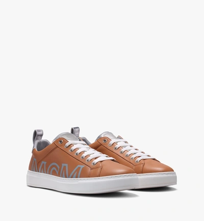 Mcm Men's Low-top Logo Sneakers In Rubberized Leather In Cognac | Cognac And Silver