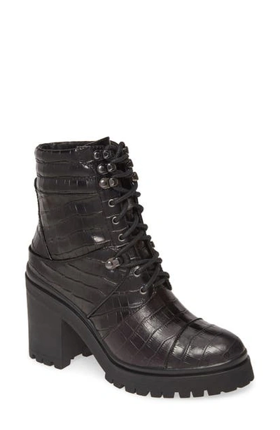 Alice And Olivia Marren Croc-embossed Leather Combat Boots In Black