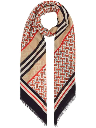 Burberry Icon Stripe Monogram Print Wool Silk Square Large Scarf In Red