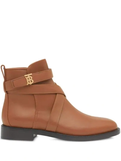 Burberry Monogram Motif Leather Ankle Boots In Brown