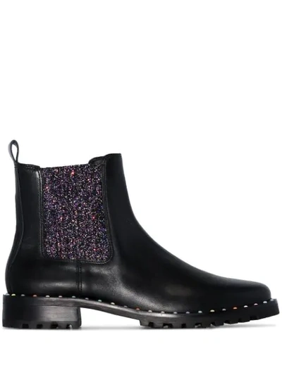 Sophia Webster Bessie Studded Leather And Glittered Stretch-knit Chelsea Boots In Black