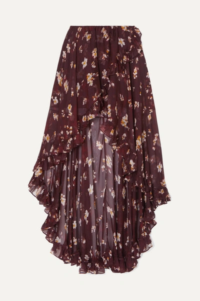 Caroline Constas Adelle Asymmetric Floral-print Silk-chiffon Skirt In Bordeaux