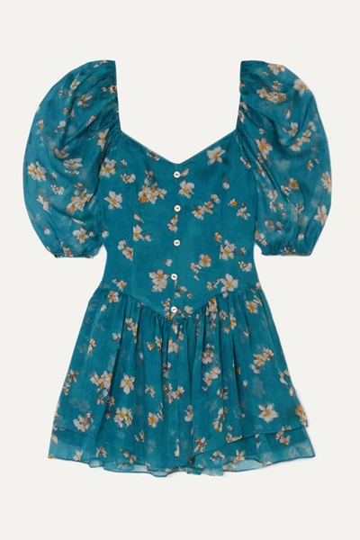 Caroline Constas Quinn Floral-print Silk-chiffon Mini Dress In Teal