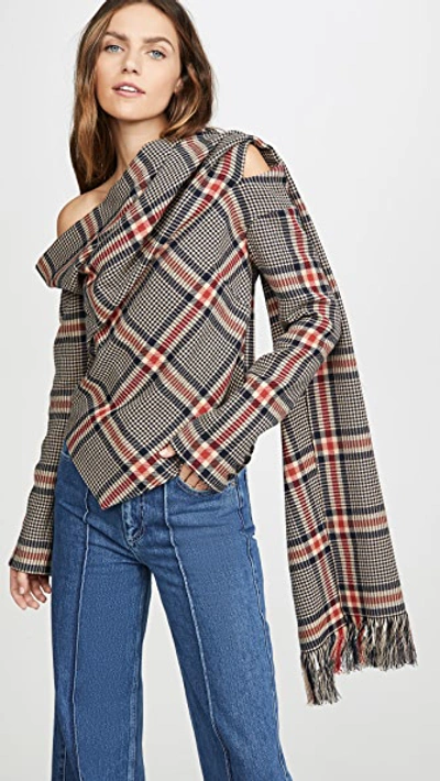 Monse Off-the-shoulder Draped Checked Cotton And Wool-blend Top In Plaid