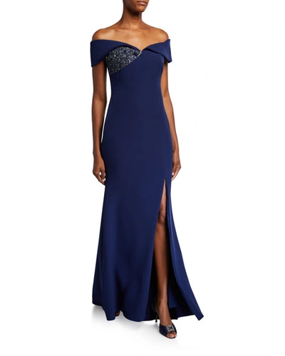 Badgley Mischka Off-the-shoulder Gown With Beaded Detail & Thigh Slit In Dark Blue