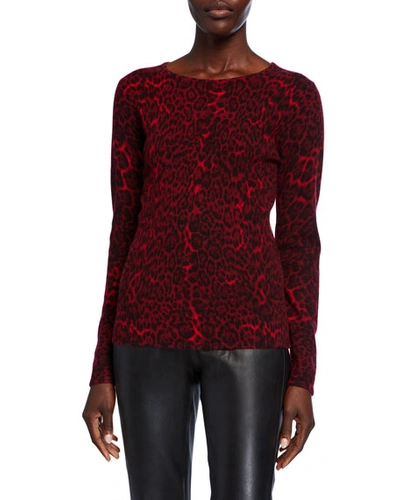 Neiman Marcus Leopard-print Crewneck Cashmere Sweater In Red Leopard