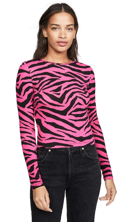 Alice And Olivia Delaina Long-sleeve Crewneck Crop Top In Tiger Bright Pink/black
