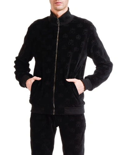 Dolce & Gabbana Men's Velvet Zip Jacket With Tonal Logo Motif In Black