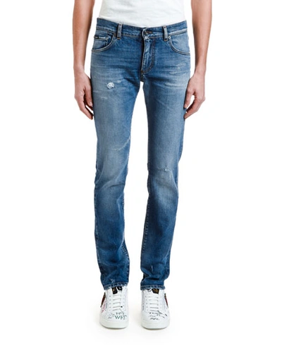 Dolce & Gabbana Men's Distressed Straight-leg Stretch-denim Jeans In Blue