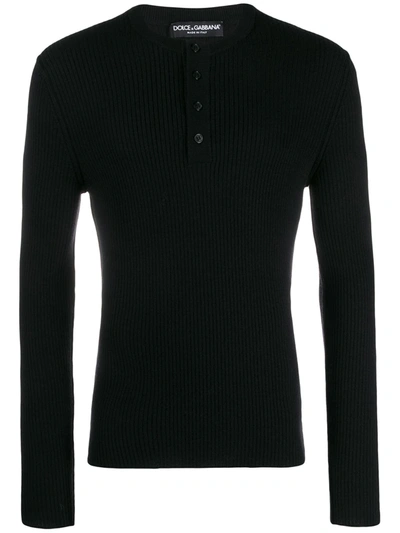 Dolce & Gabbana Men's Lightweight Rib-knit Wool Henley Shirt In N0000 Black