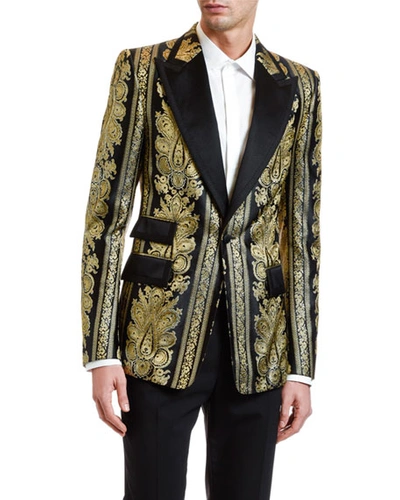 Dolce & Gabbana Men's Metallic Jacquard Peaked-lapel Sport Jacket In Beige