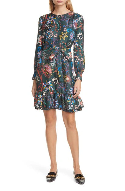 Tory Burch Floral Long-sleeve Silk Twill Shift Dress In Black Mountain Floral