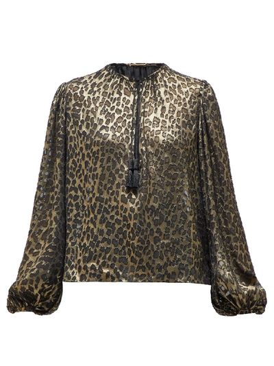 Saint Laurent Leopard-print Long-sleeve V-neck Blouse In Black Gold