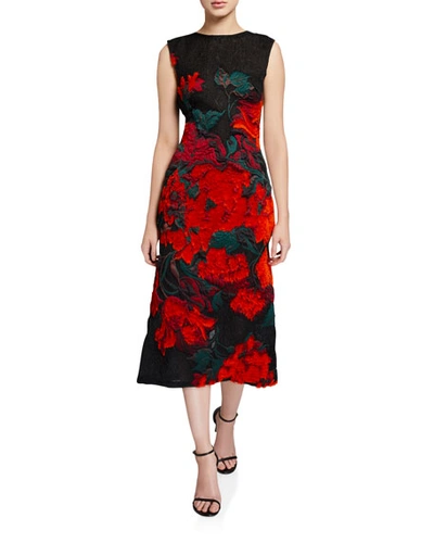 Oscar De La Renta Floral-embroidered Lace Midi Dress In Black-cayenne