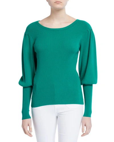 Milly Puff-sleeve Ribbed Sweater In Green