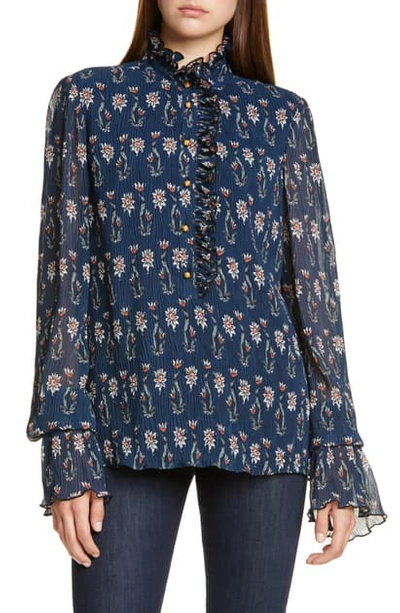 Tory Burch Deneuve Floral-printed Plisse Top With Ruffle Collar & Cuffs In Navy Woodblock Floral