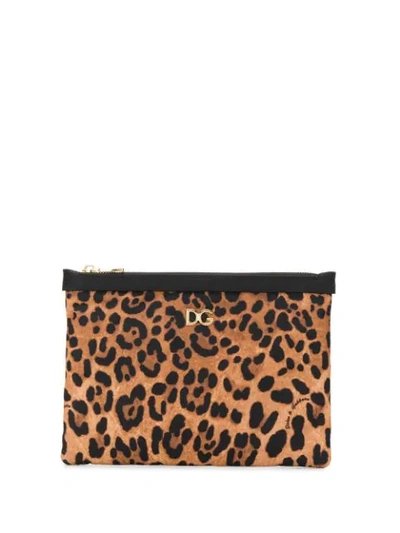 Dolce & Gabbana Leopard Print Nylon Flat Beauty Case In Brown