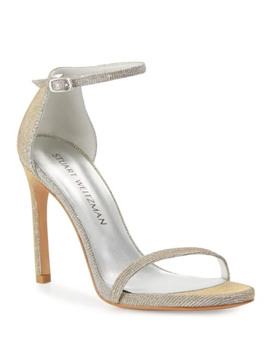 Stuart Weitzman Nudistsong Shimmery Ankle-wrap Sandals, Silver In Magnesium