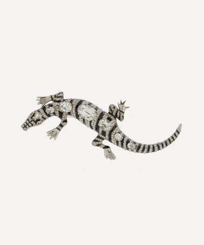 Designer Vintage Turn Of The Century Valentino Faux Diamond And Black Lacquer Crocodile Brooch In Silver