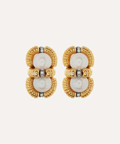 Designer Vintage 1980s Gilt Faux Pearl And Diamond Clip-on Earrings In Gold