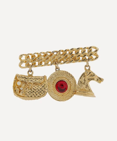 Designer Vintage 1980s Gilt Faux Ruby Charm Brooch In Gold