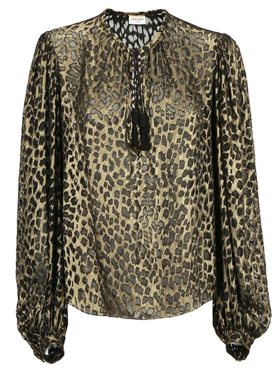 Saint Laurent Tassel Pirate Blouse In Metallic Leopard Satinet In Black