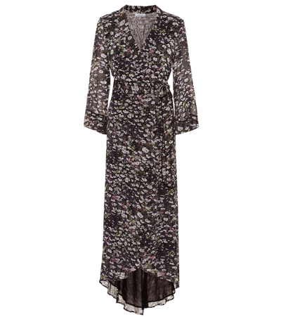 Ganni The Pav Asymmetric Floral-print Chiffon Midi Wrap Dress In Black