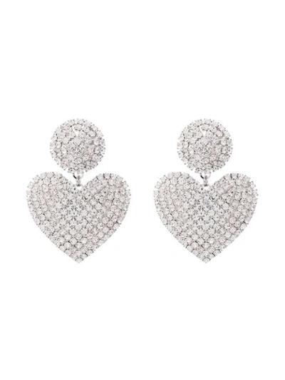 Alessandra Rich Crystal-heart Drop Clip Earrings In Silver