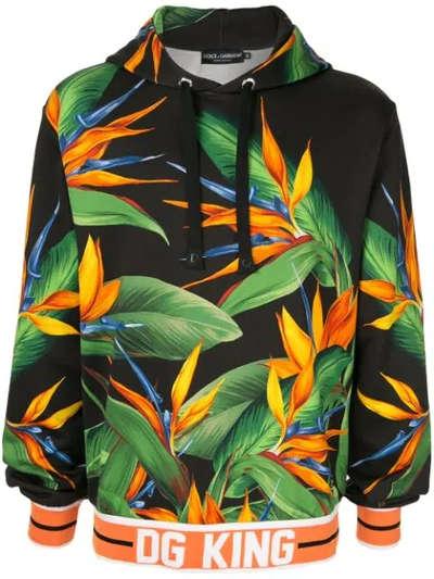 Dolce & Gabbana Jersey Hoodie With Bird Of Paradise Print In Black