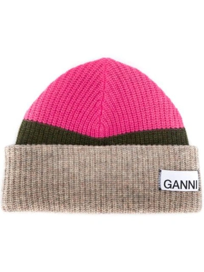 Ganni Panelled Logo Patch Knit Beanie In Multicolor