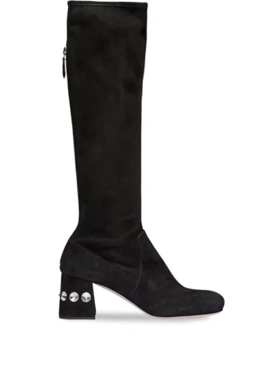Miu Miu Embellished 65mm Suede Boots In Black