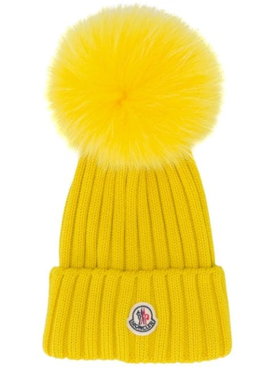 Moncler Fur Pompom Beanie In 110 Yellow