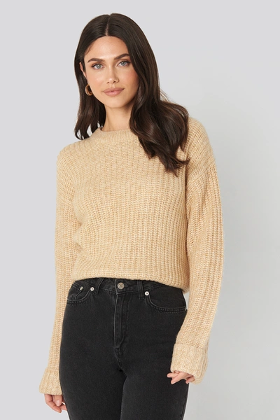 Na-kd Folded Sleeve Round Neck Knitted Sweater Beige