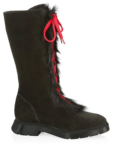 Stuart Weitzman Gwendy Shearling-lined Suede Lace-up Knee-high Boots In Black
