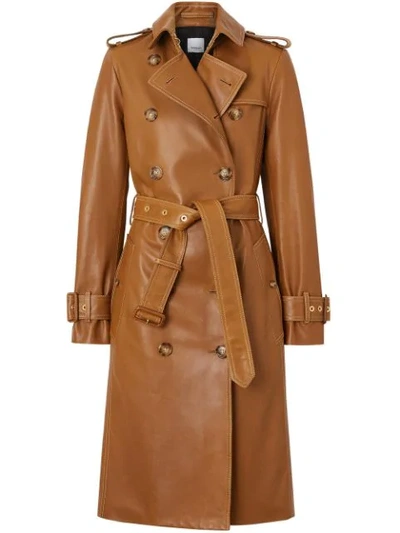 Burberry Topstitch Detail Lambskin Trench Coat In Brown