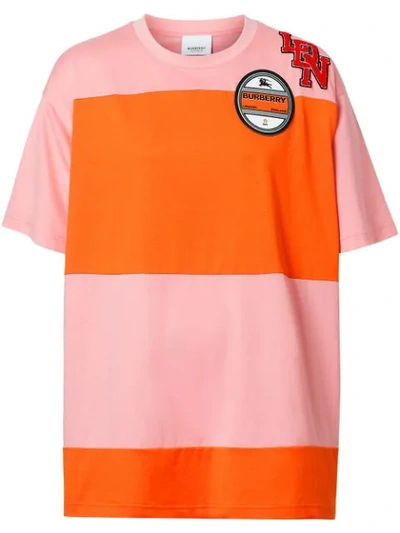 Burberry Logo Graphic Panelled Cotton Oversized T-shirt In Candy Pink